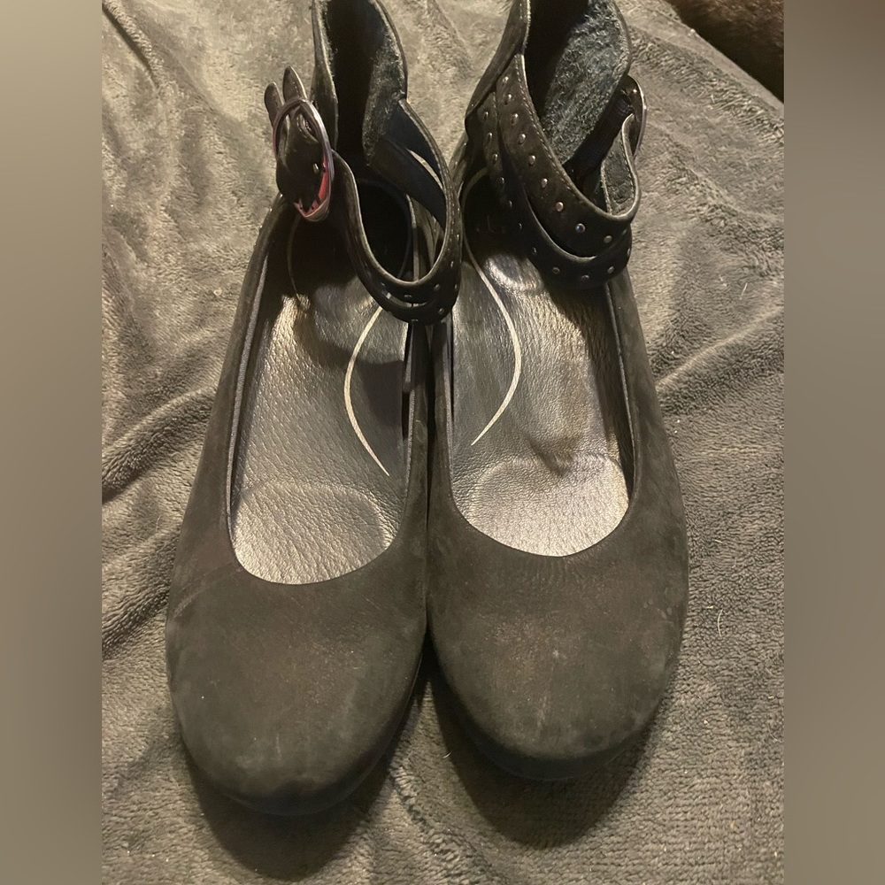 Dansko soft black dress flats with studded ankle straps